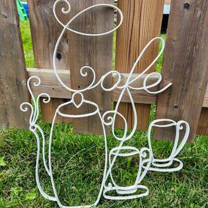 VINTAGE WROUGHT IRON "CAFE" Sign Large White Paint Tea Party Whimsical